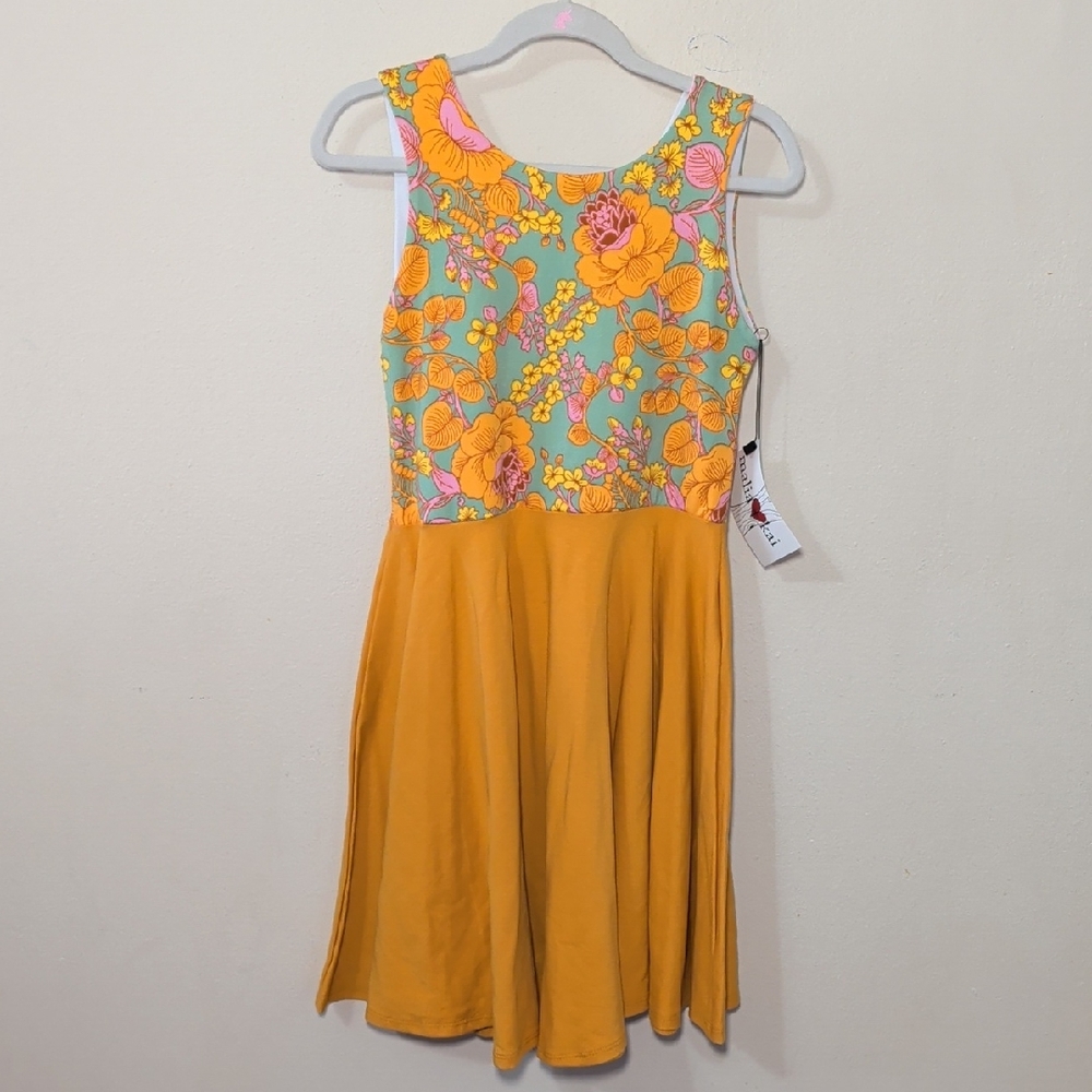 Floral Print Twirl Dress Yellow Blue Cotton Stretch Malia + Kai NEW Girls Size 8